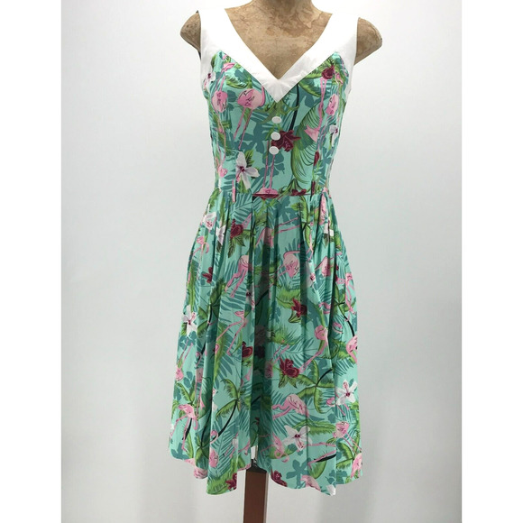Hell Bunny Vixen Dress Womens XS Flamingo Tropical Fit & Flare V Neck Retro Flaw - Picture 1 of 12